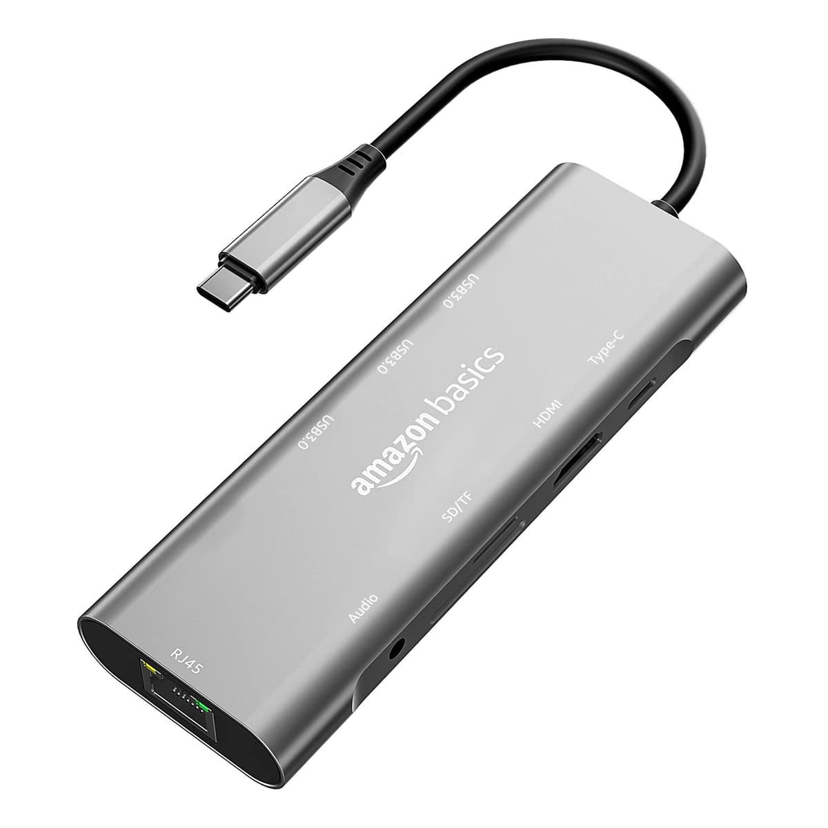 Amazon Basics USB-C Hub Dock 9-in-1 Aluminium Type-C Adapter with 4K HDMI, Ethernet 1000mbps Port, 3 USB 3.0, USB-C Power Delivery, 3.5mm Audio only, TF/SD Card Reader, Mac & Windows USB-C Devices