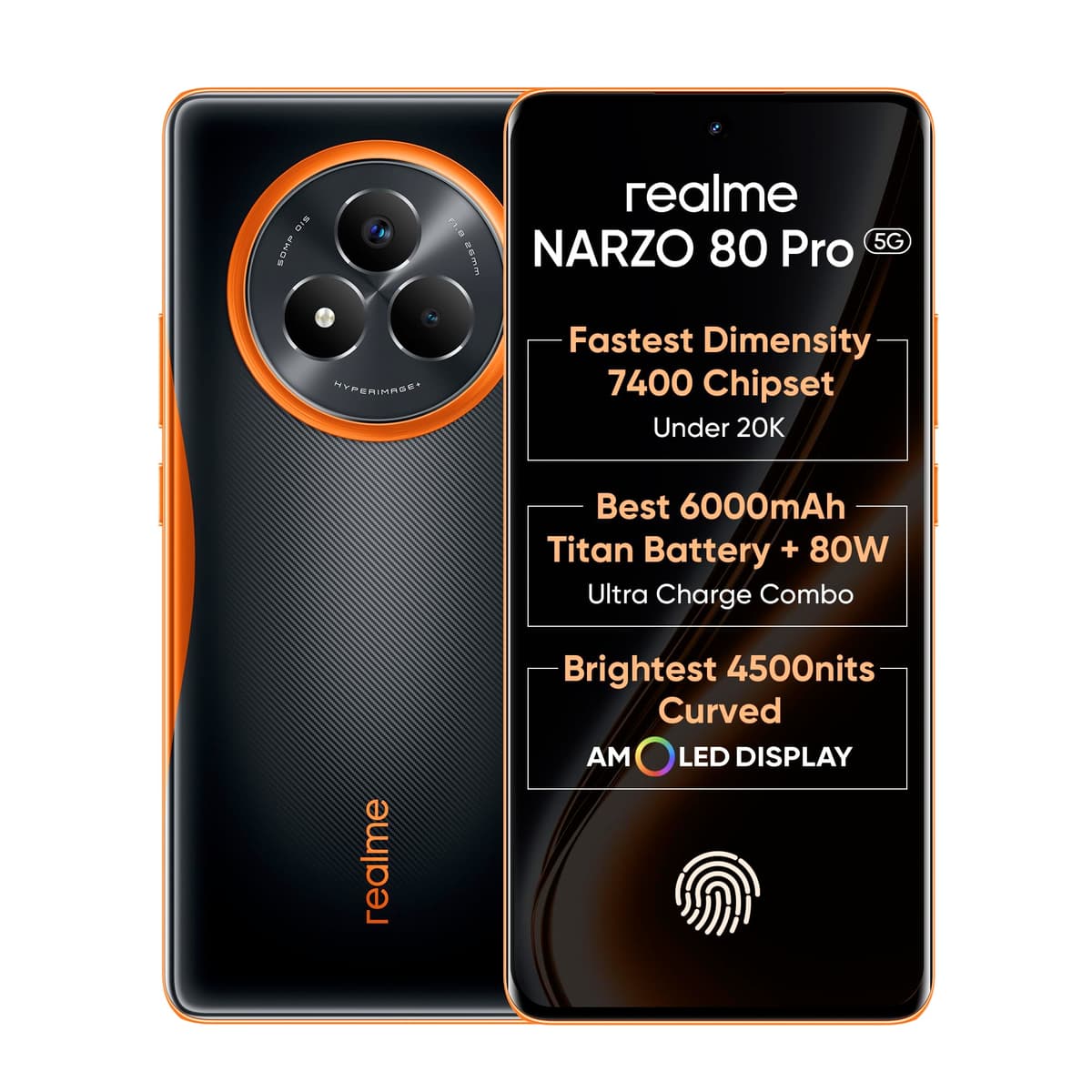 realme NARZO 80 Pro 5G (Nitro Orange,8GB+256GB) | Segment's 1st MediaTek Dimensity 7400 Chipset | 6000mAh Titan Battery + 80W Ultra Charge | 4500nits HyperGlow Esports Display | IP69 Waterproof